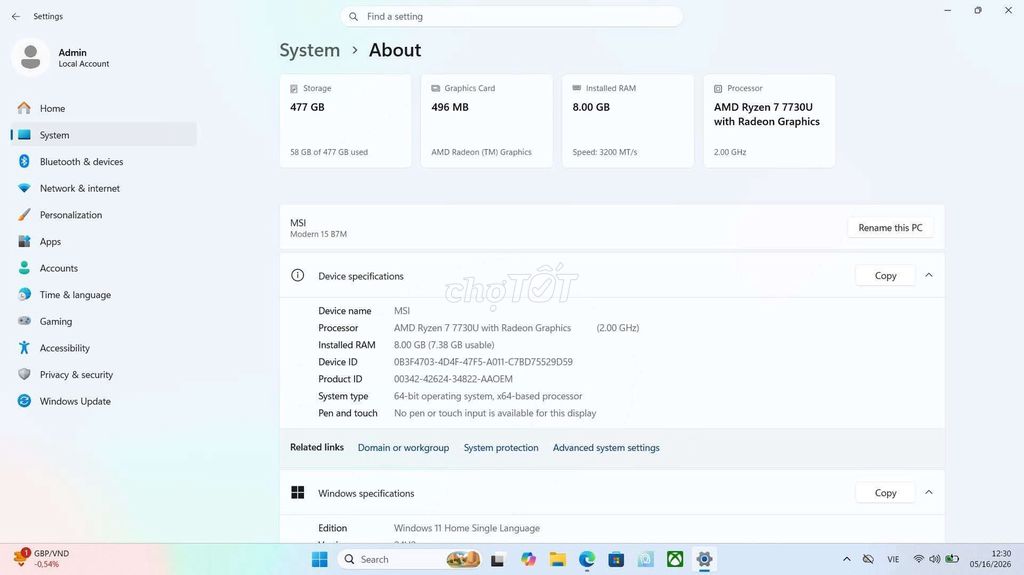 MSI Modern 15 B7M AMD Ryzen 7 8GB/477GB. Mua bán Laptop tại Quận Nam Từ Liêm Hà Nội được đăng bởi Tên chưa cung cấp hình 1