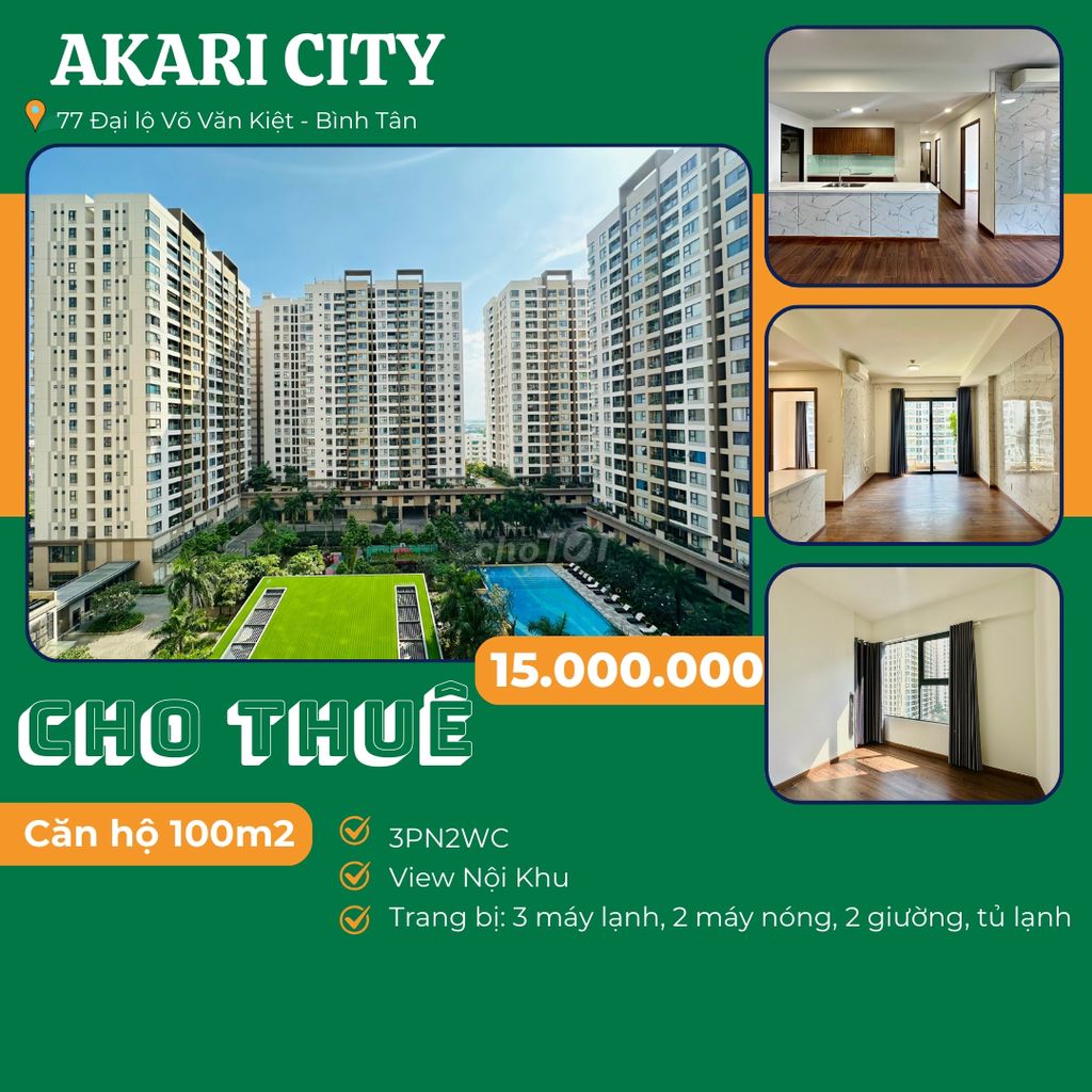 Cho Thuê Akari City 100m2 3pn2wc, Nội khu đẹp, Tầng trung.