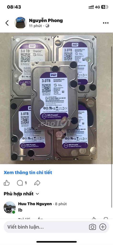 Ổ cứng Western 3tb sk100% tím. Mua bán Linh kiện (RAM, Card...) tại Quận Tân Phú Tp Hồ Chí Minh được đăng bởi Nguyễn Phong hình 1