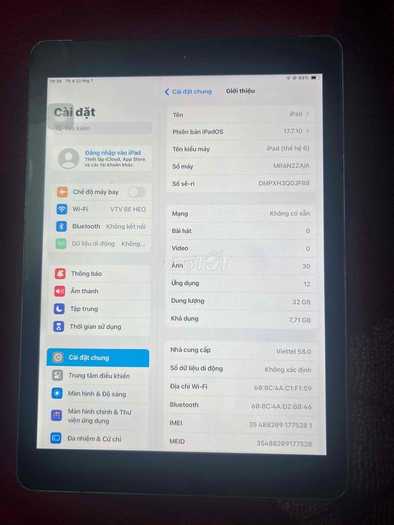 Apple iPad Gen 6 32GB Xám Retina. Mua bán Máy tính bảng tại Thành phố Mỹ Tho Tiền Giang được đăng bởi Hoài Tâm hình 1