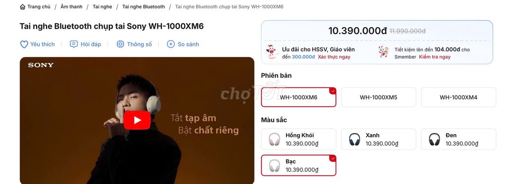 Tai nghe Bluetooth Sony WH-1000XM6 Bạc. Mua bán Tivi, Âm thanh tại Quận 6 Tp Hồ Chí Minh được đăng bởi Rio hình 1