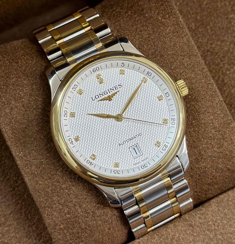 sale bé longines master demi vàng 18k kim cương