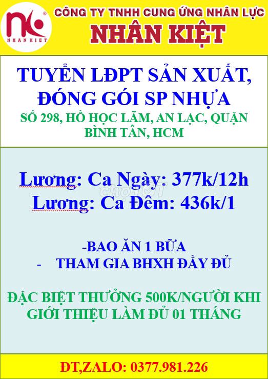 Tuyển LDPT Hỗ Trợ Sx, Đóng Gói Sp