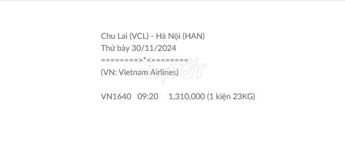 Chu Lai (VCL) - Hà Nội (HAN) Thứ bảy 30/11/2024