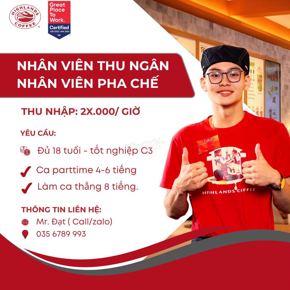 *** NHÂN VIÊN THU NGÂN VÀ PHA CHẾ. Việc làm Pha chế tại Huyện Gia Lộc Hải Dương được đăng bởi Highlands Coffee hình 1