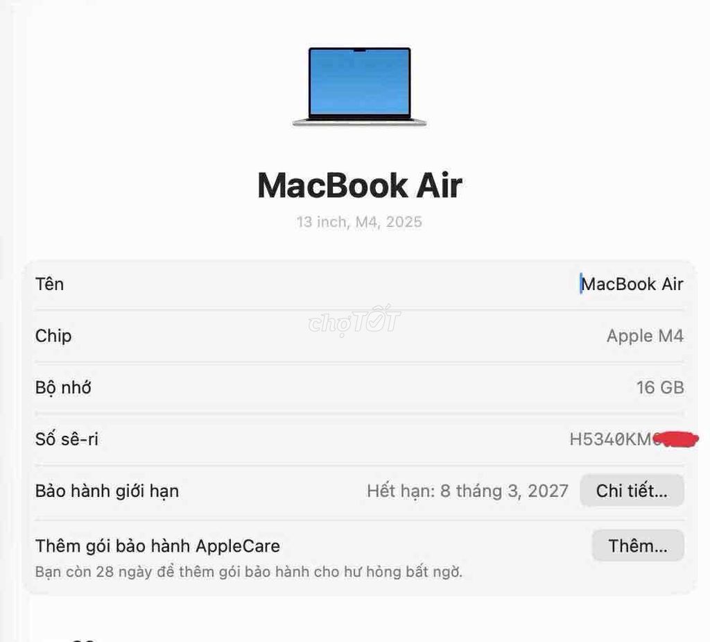 Apple MacBook Air M4 16GB/256GB Starlight. Mua bán Laptop tại Quận Hải Châu Đà Nẵng được đăng bởi Diêu Long hình 1