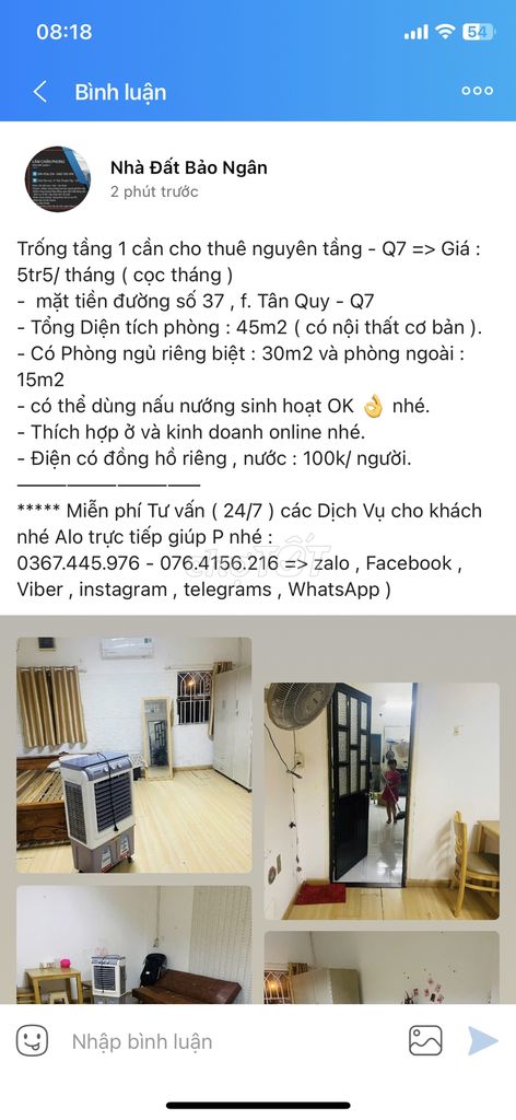 Cần cho thuê Phòng Tầng 1 => 5tr5/ tháng