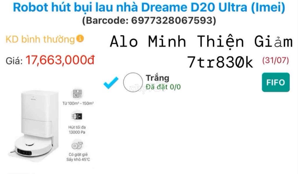 Robot hút bụi Dreame D20 Ultra Trắng. Mua bán Nội thất, đồ gia dụng khác tại Quận Thanh Khê Đà Nẵng được đăng bởi Trần Minh Thiện hình 1