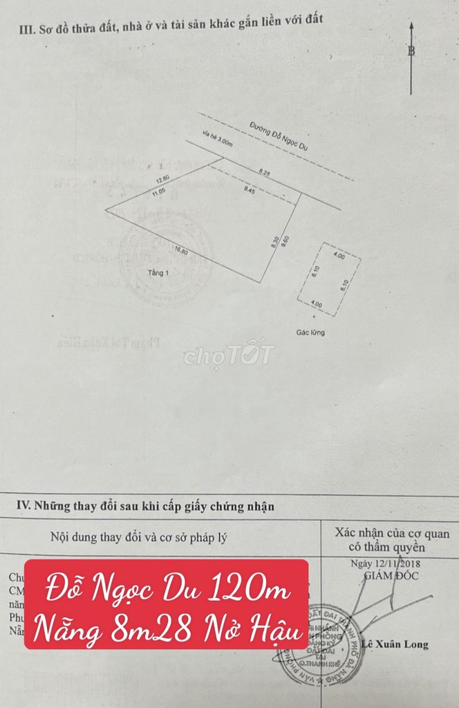 ĐẤT ĐƯỜNG ĐỖ NGỌC DU NGANG 8M28 NỞ HẬU 16 SÂU 12