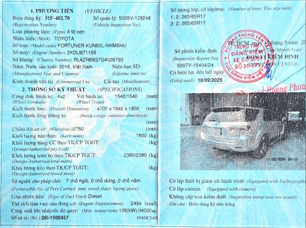 FORTUNER 2.5G 2016 MT DẦU 54000KM BẢO HÀNH 1 NĂM. Mua bán Ô tô tại Quận Bình Tân Tp Hồ Chí Minh được đăng bởi Lê Tử can  hình 19