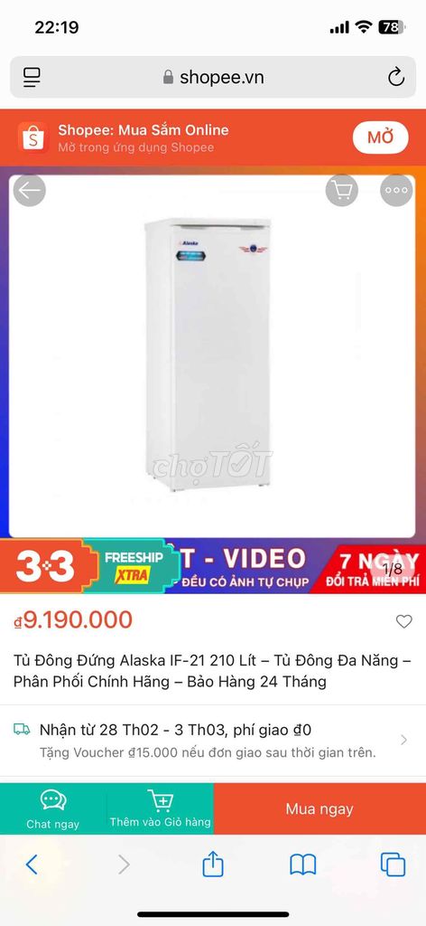 Tủ đông ALASKA IF-21 dung tích 210 lít, xài tốt