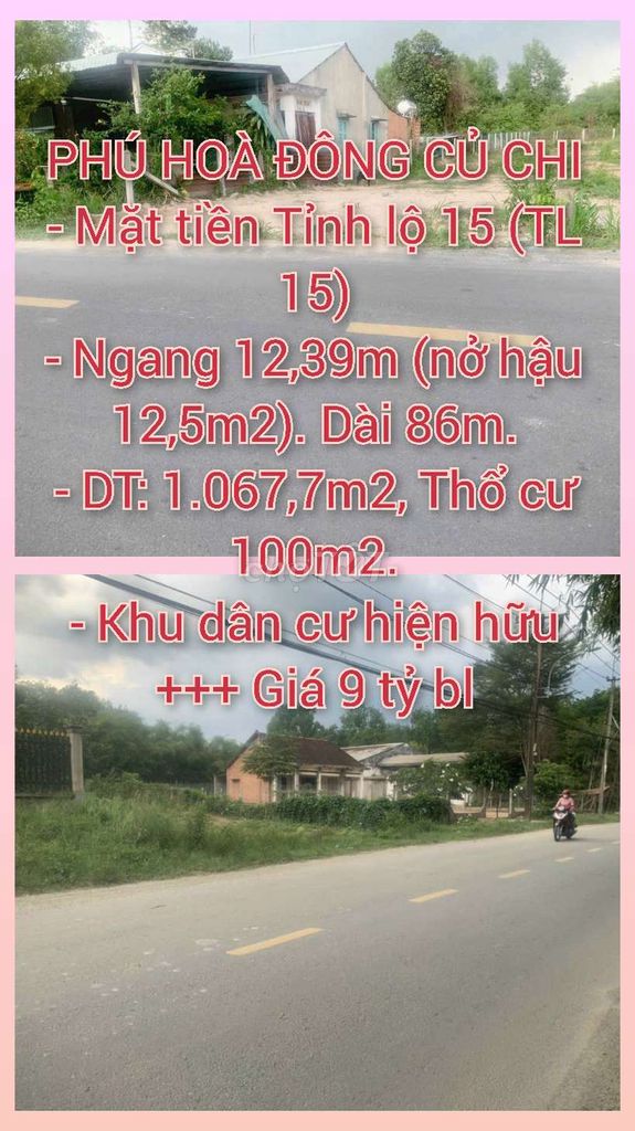 Bán 1067m2 đất MT tỉnh lộ 15. Phú Hòa Đông. Giá: 9 tỷ