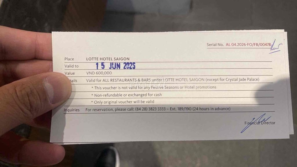 Phiếu quà tặng Lotte Hotel Saigon. Mua bán Đồ ăn, thực phẩm và các loại khác tại Quận 1 Tp Hồ Chí Minh được đăng bởi trần vinh hình 1