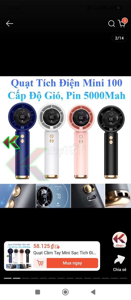 Quạt tích điện mini 5000mAh. Mua bán Quạt tại Thành phố Trà Vinh Trà Vinh được đăng bởi ngọc yến 84 bách hóa tổng hợp  hình 1