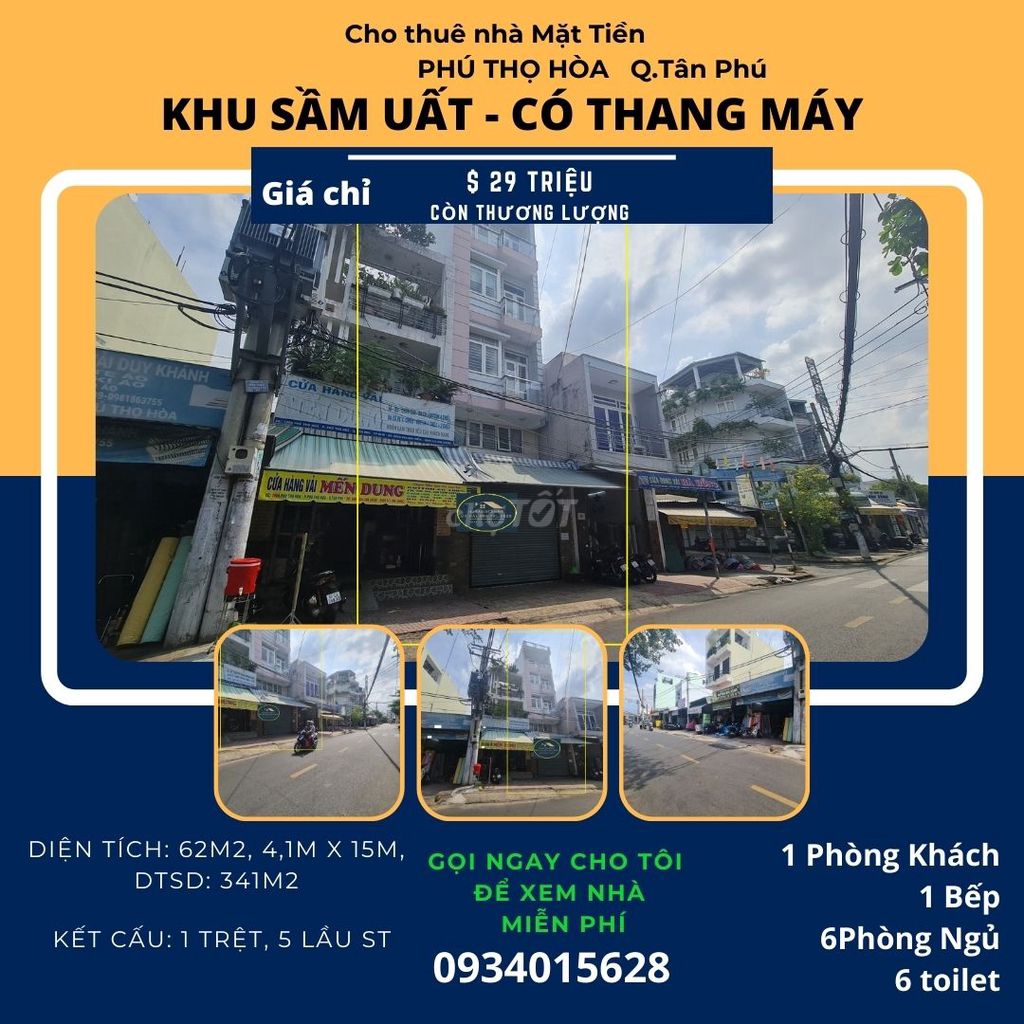 Cho thuê nhà mặt tiền Phú Thọ Hòa 62m2, 5Lầu+ST, 29Triệu -CÓ THANG MÁY