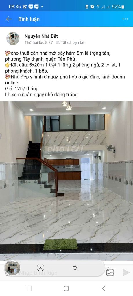 CHO THUÊ NHÀ 5X20M TRỆT LỬNG Y HÌNH ,HXT LÊ TRỌNG TẤN