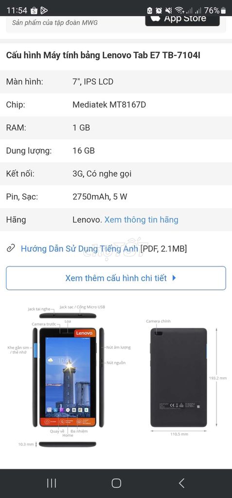 Cần Bán Máy tính bảng Lenovo Tab E7 TB-7104I