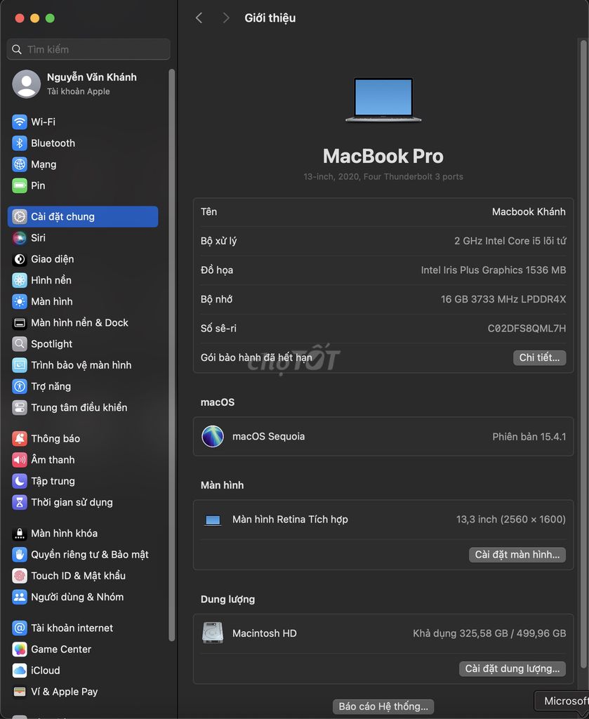 Apple Macbook Pro 2020 i5 16GB/512GB Xám. Mua bán Laptop tại Quận Nam Từ Liêm Hà Nội được đăng bởi Khánh Nguyễn hình 1