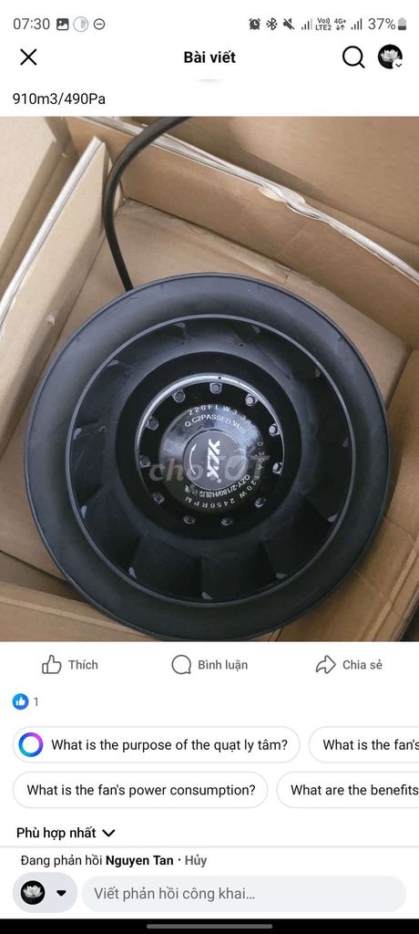 Quạt ly tâm 110W 910m3/h 3 pha 220V mới. Mua bán Quạt tại Quận Bắc Từ Liêm Hà Nội được đăng bởi Tên chưa cung cấp hình 1