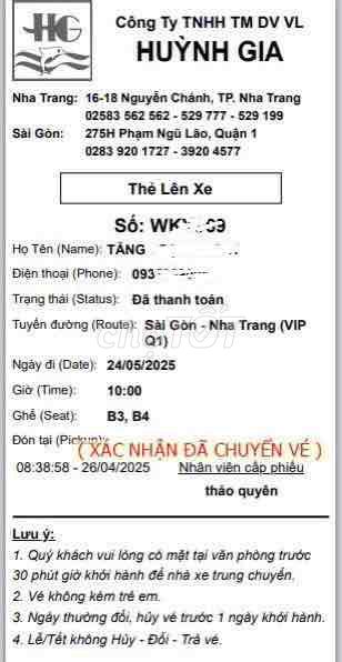 Cần pass cặp vé giường nằm Sài Gòn - Nha Trang. Du lịch tại Quận 1 Tp Hồ Chí Minh được đăng bởi Nguyen thi cam huyen hình 1