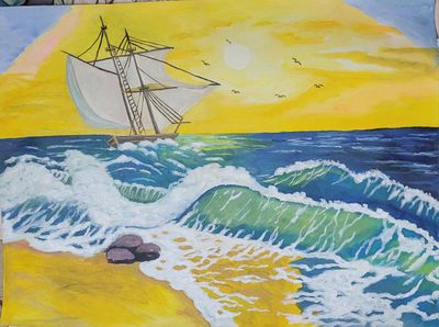 Tranh sơn dầu thuyền buồm và biển kt65x92