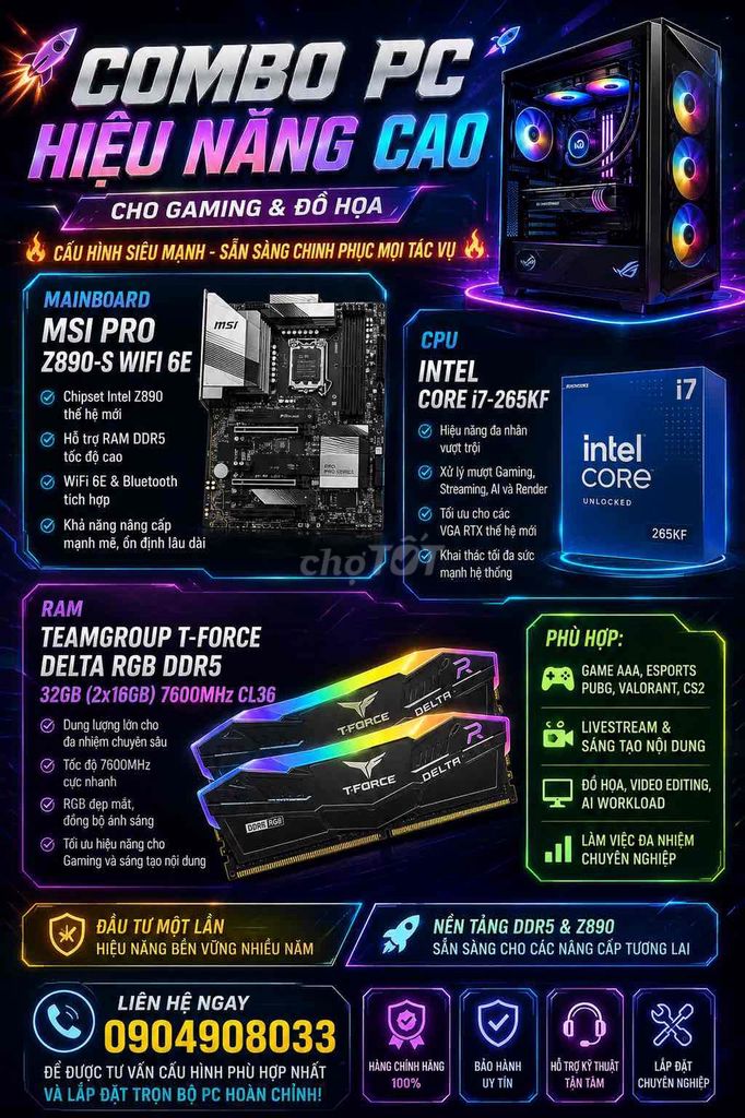 COMBO MSI Z890-S + i7 265KF + DDR5 32GB 7600MHz. Mua bán Máy tính để bàn tại Huyện Vũng Liêm Vĩnh Long được đăng bởi MINH ĐỨC NOVA hình 1