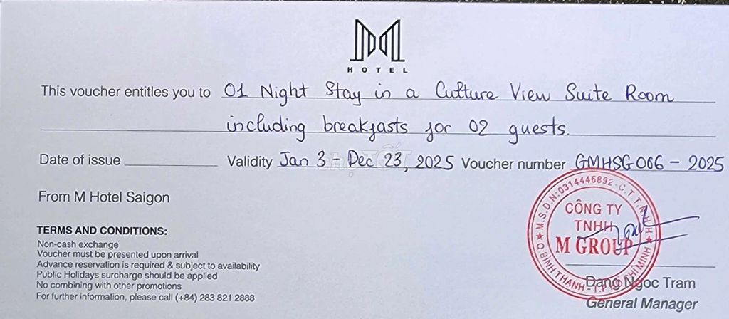 Voucher 1 đêm nghĩ dưỡng cho 2 người