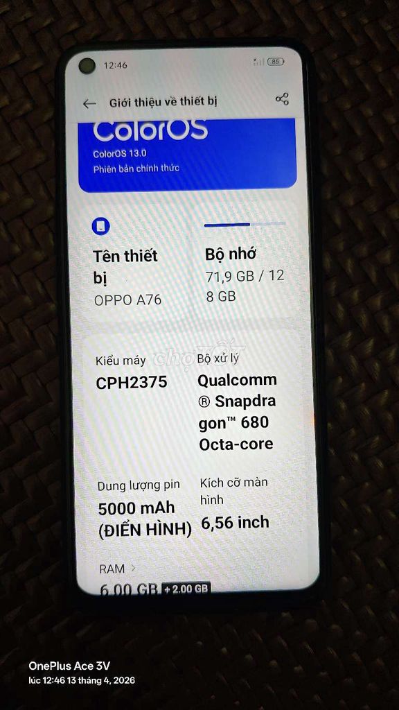 Oppo A76 Đen 6/128GB. Mua bán Điện thoại tại Thị xã Phú Thọ Phú Thọ được đăng bởi Luminalia  hình 1