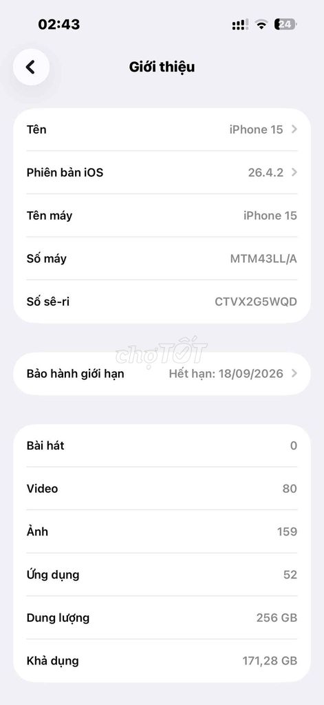 Apple iPhone 15 256GB Đen Đã sử dụng. Mua bán Điện thoại tại Thành phố Thuận An Bình Dương được đăng bởi Nguyễn Minh Đức hình 1