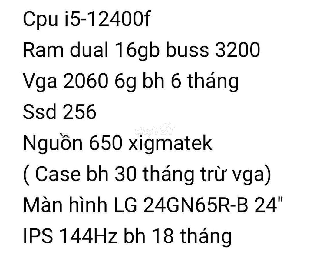 PC I5 -12400F, Ram 16gb, ssd256, VGA 2060+màn 24in