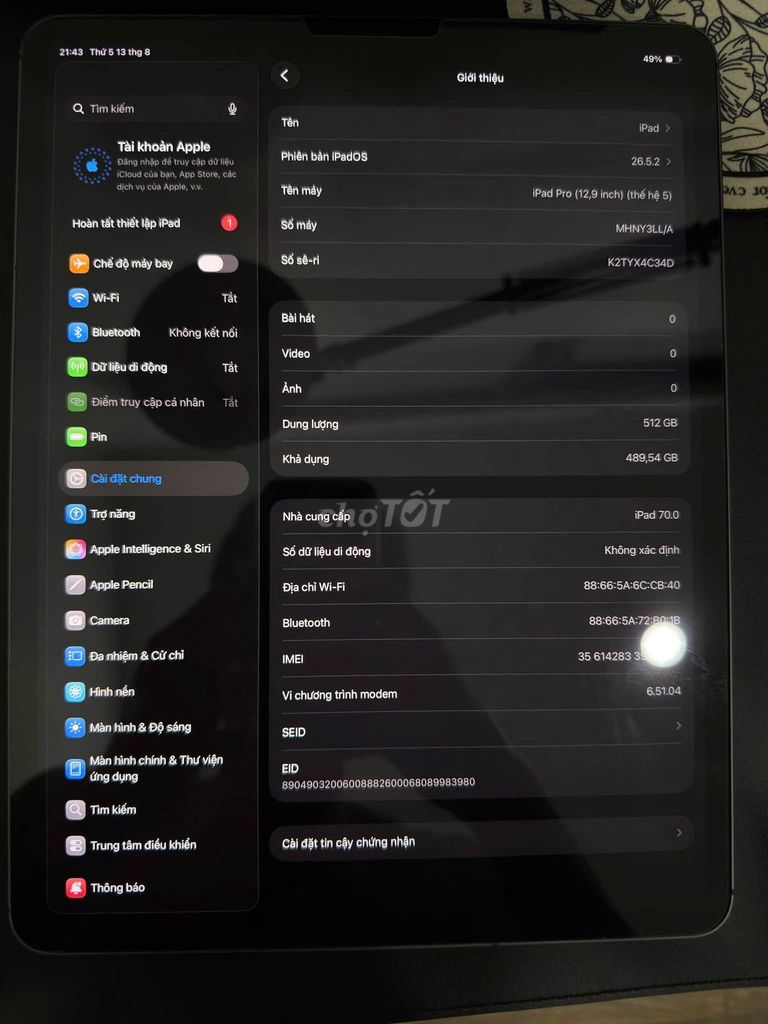 Apple iPad Pro M1 12.9 inch 5G + WiFi Xám 512GB. Mua bán Máy tính bảng tại Quận 10 Tp Hồ Chí Minh được đăng bởi Hội Đồ Điện Tử hình 1