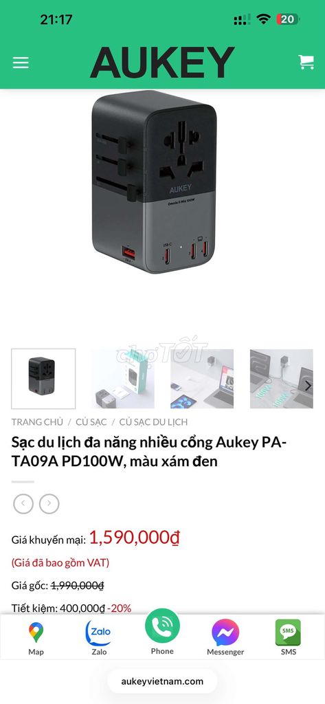 Sạc du lịch AUKEY PA-TA09A Xám. Mua bán Phụ kiện (Màn hình, Chuột...) tại Quận Tân Bình Tp Hồ Chí Minh được đăng bởi Quoc Khanh Nguyen hình 1