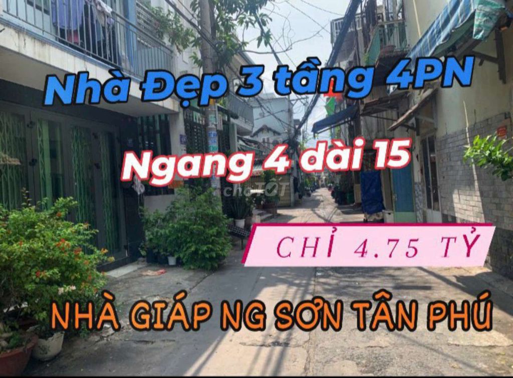 BÁN NHÀ ĐẸP GIÁP TÂN PHÚ ,HXH ĐỔ CỬA, 60 M2, 3TẦNG 4PN, CHỈ 4.75TỶ