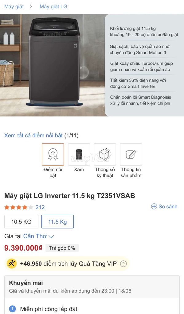 LG INVERTER 11,5 Kg: MÁY TRƯNG BÀY 98% BH 2 NĂM