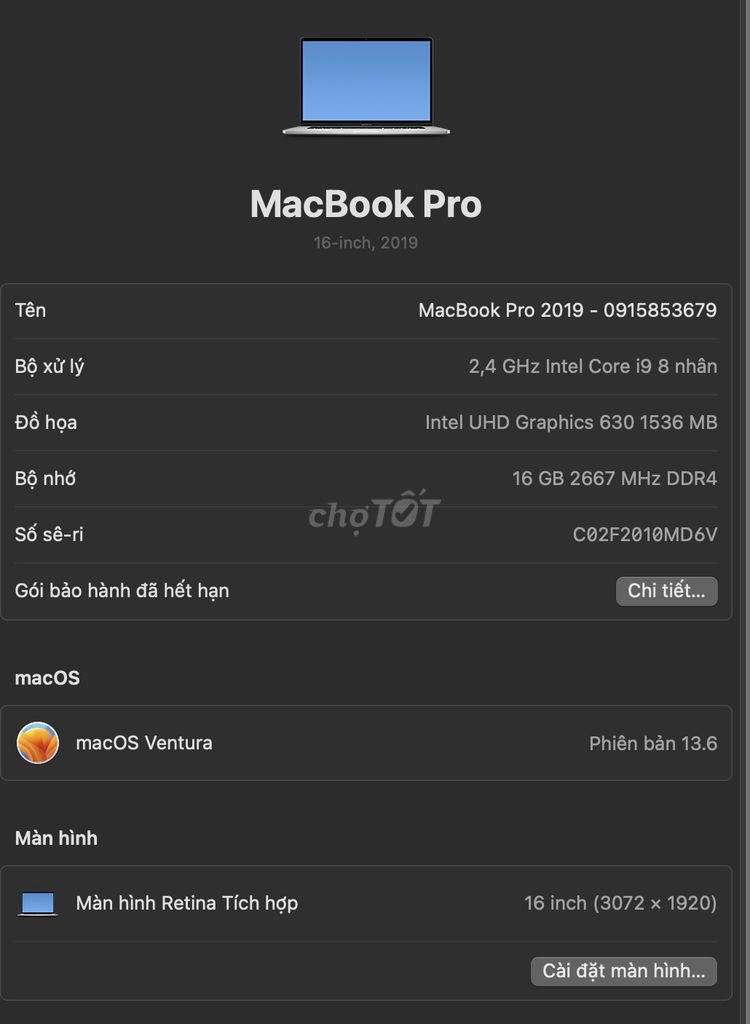 Apple MacBook Pro 2019 i9 16GB/512GB 16 inch Bạc. Mua bán Laptop tại Quận Long Biên Hà Nội được đăng bởi QUÂN ĐIỆN TỬ hình 1