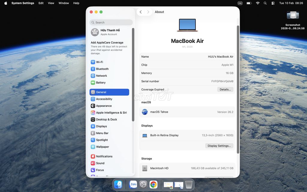 Cần bán gấp Apple MacBook Air 2020 M1 16GB 256GB. Mua bán Laptop tại Quận 3 Tp Hồ Chí Minh được đăng bởi HỒ HỮU THANH hình 1