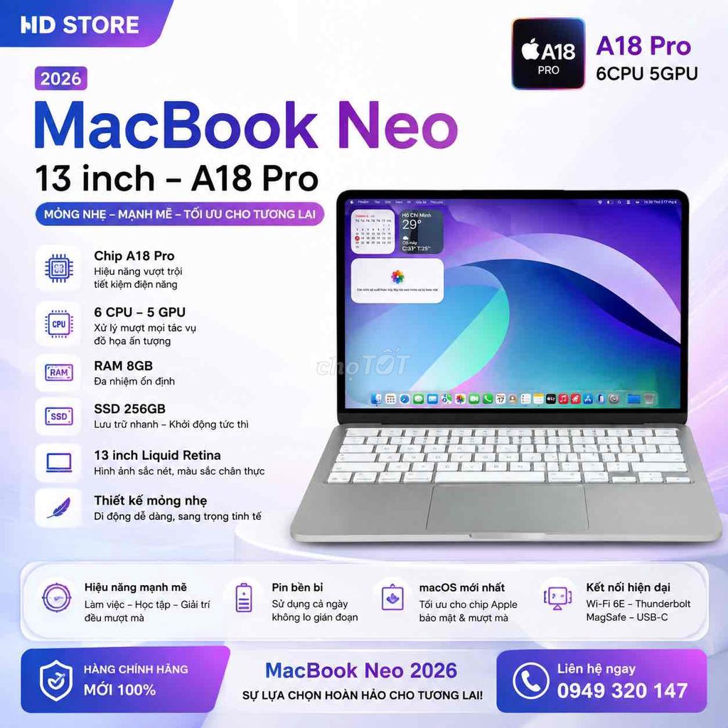 Apple MacBook Neo A18 Pro 13 inch 8GB/256GB Bạc. Mua bán Laptop tại Thành phố Buôn Ma Thuột Đắk Lắk được đăng bởi HD Store  hình 1