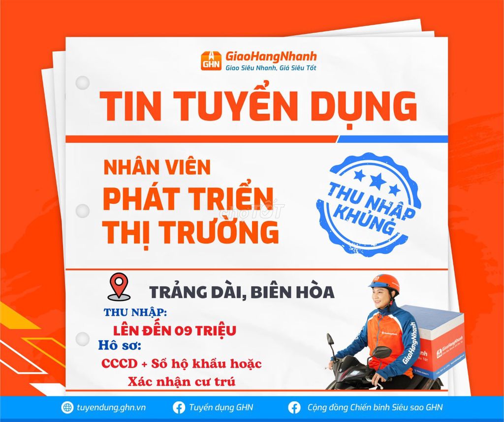 BIÊN HÒA TUYỂN THÊM SHIPPER LƯƠNG 10-15TR/THÁNG