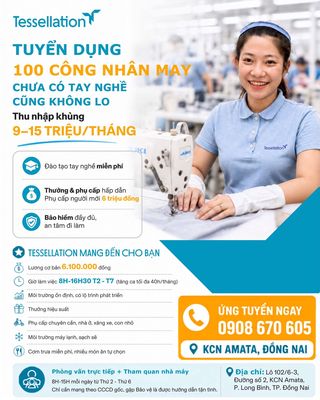TUYỂN 100 CÔNG NHÂN MAY THU NHẬP ĐẾN 15 TRIỆU