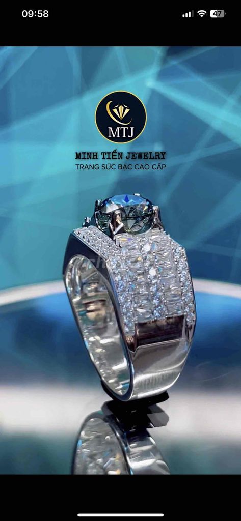 nhẫn bạc nam cao cấp 925 moissanite xanh 7li5