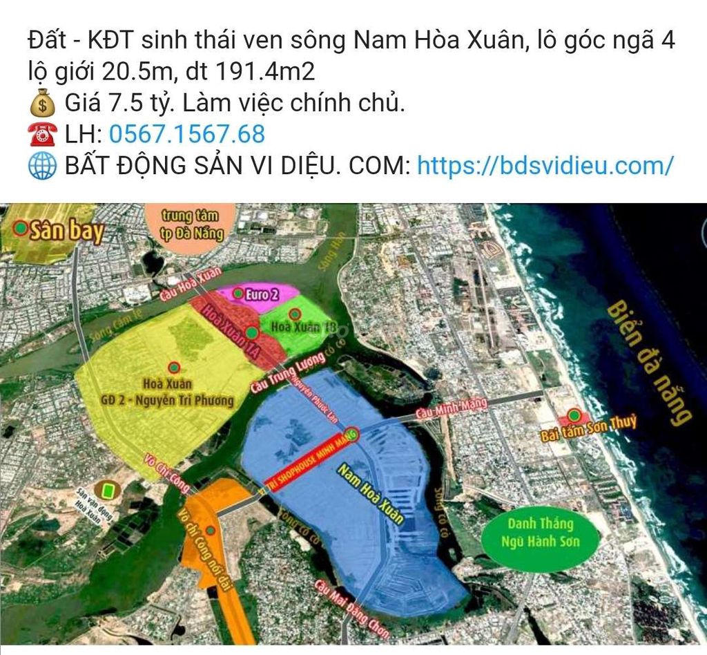 Đất - KĐT sinh thái ven sông Nam Hòa Xuân, lô góc ngã 4 lộ giới 20.5m