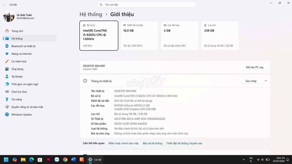 Dell Laptop i5-8265U 16GB/238GB Bạc. Mua bán Laptop tại Thị xã Thái Hòa Nghệ An được đăng bởi Tuấn hình 1