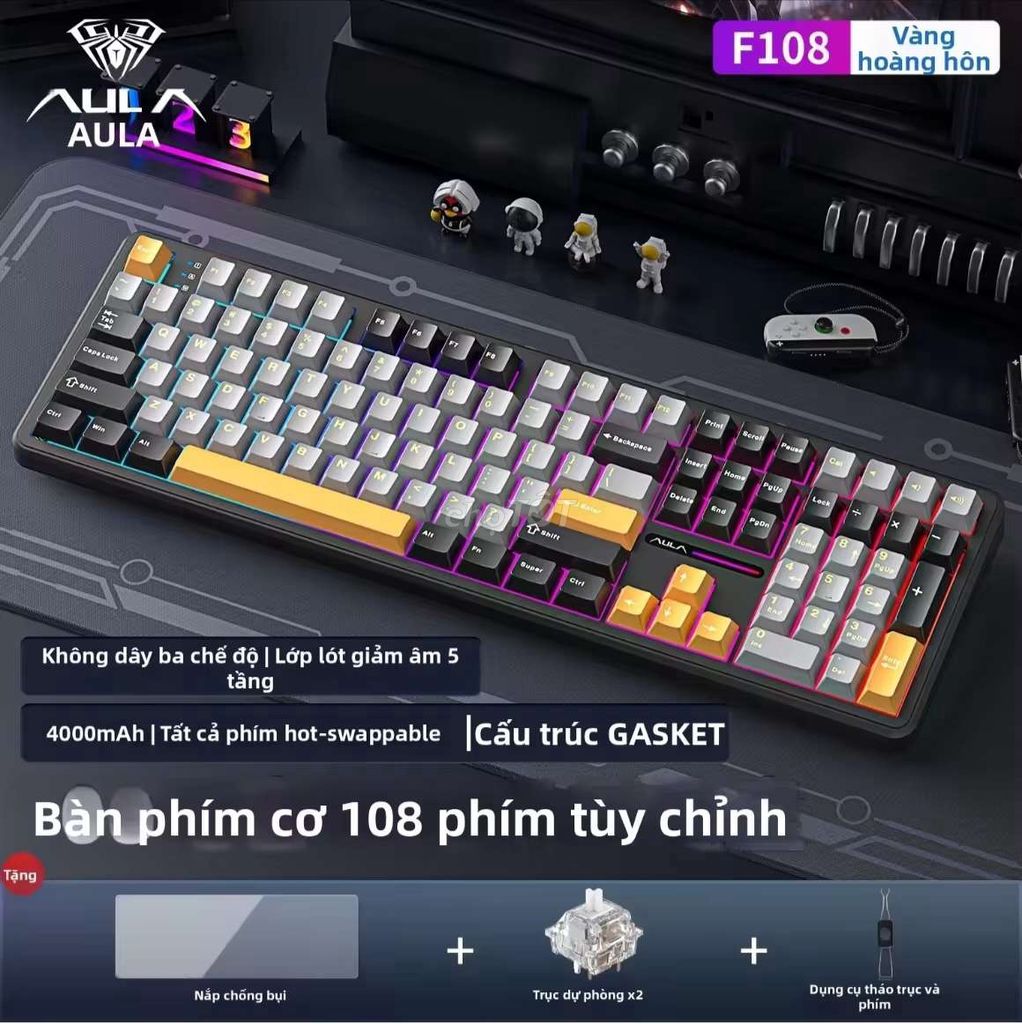 Bàn phím cơ Aula F108 switch caramel 3mod  Đen xám. Mua bán Phụ kiện (Màn hình, Chuột...) tại Huyện Thủ Thừa Long An được đăng bởi Vinh Gaming hình 1
