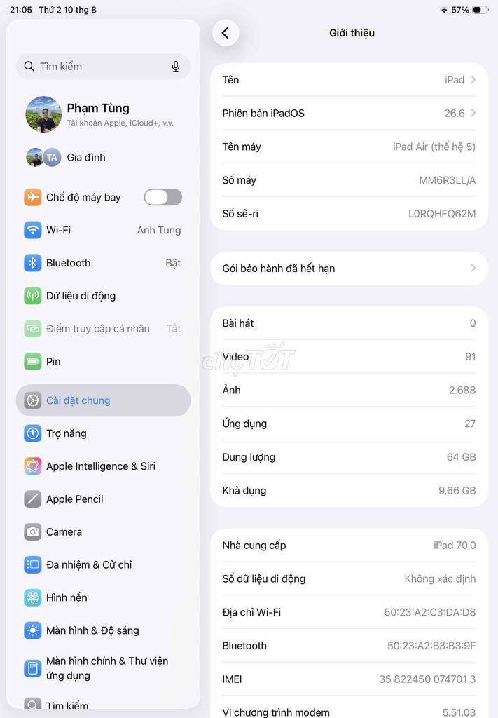 Apple iPad Air 5 64GB bản có sim 5G Xám 98%. Mua bán Máy tính bảng tại Thành phố Vĩnh Yên Vĩnh Phúc được đăng bởi phạm anh tùng hình 1