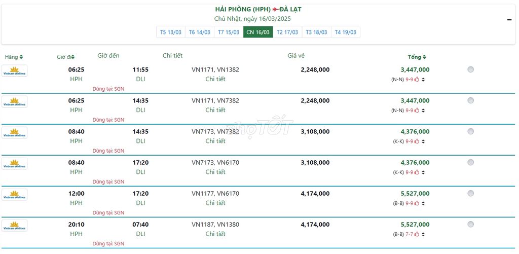 HẢI PHÒNG (HPH) ĐÀ LẠT Chủ Nhật, ngày 16/03/2025