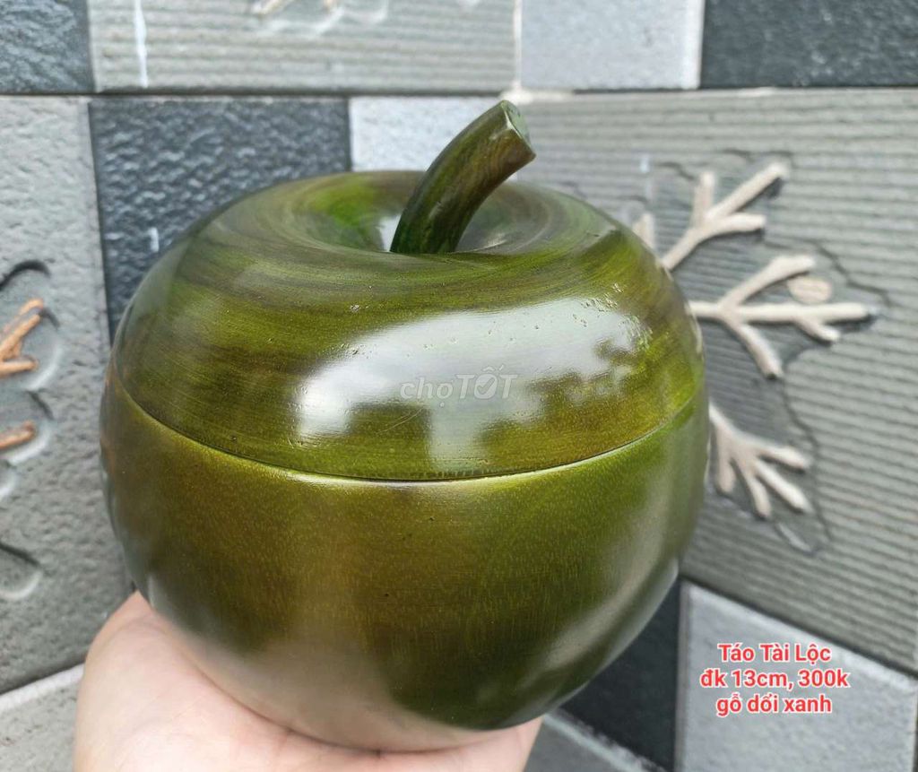 Thố trang trí Gỗ dổi Táo Tài Lộc Xanh 13cm