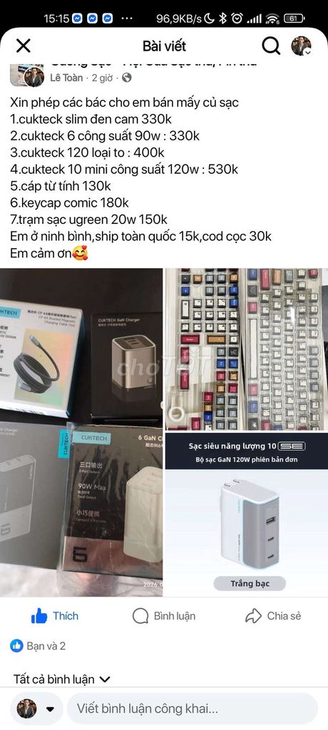 Củ sạc Cuktech Slim Đen cam. Mua bán Phụ kiện (Màn hình, Chuột...) tại Thành phố Tam Điệp Ninh Bình được đăng bởi Lê Toàn hình 1