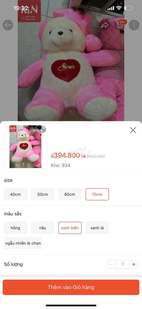 Gấu teddy 90cm có nón, chữ I Love You mới 95%