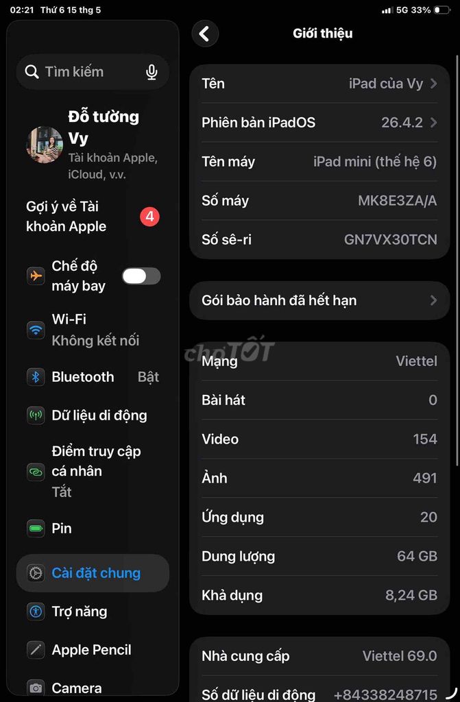 Apple iPad mini 6 64GB Tím Đã qua sử dụng. Mua bán Máy tính bảng tại Thành phố Thủ Đức Tp Hồ Chí Minh được đăng bởi Nguyễn Thắng hình 1