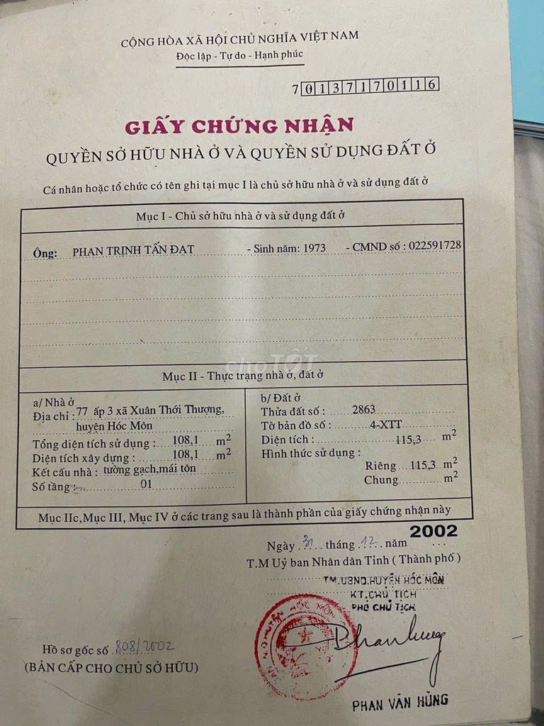 Bán nhà 2 mặt tiền đường trần văn mừoi 250 m2 hóc môn